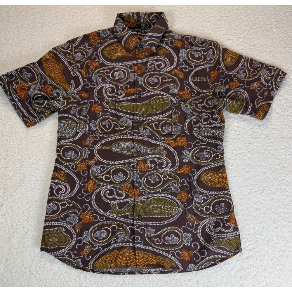 Reyn Spooner Mens Small Brown Whale Paisley Dotted Print Cotton Aloha Shirt S